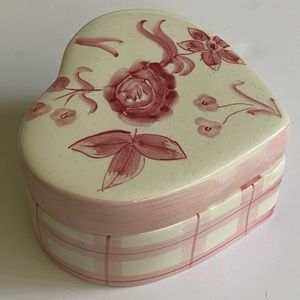Heart Trinket Box Vintage Ceramic Pink Roses Plaid 4” Hand Painted Lid Love 4”